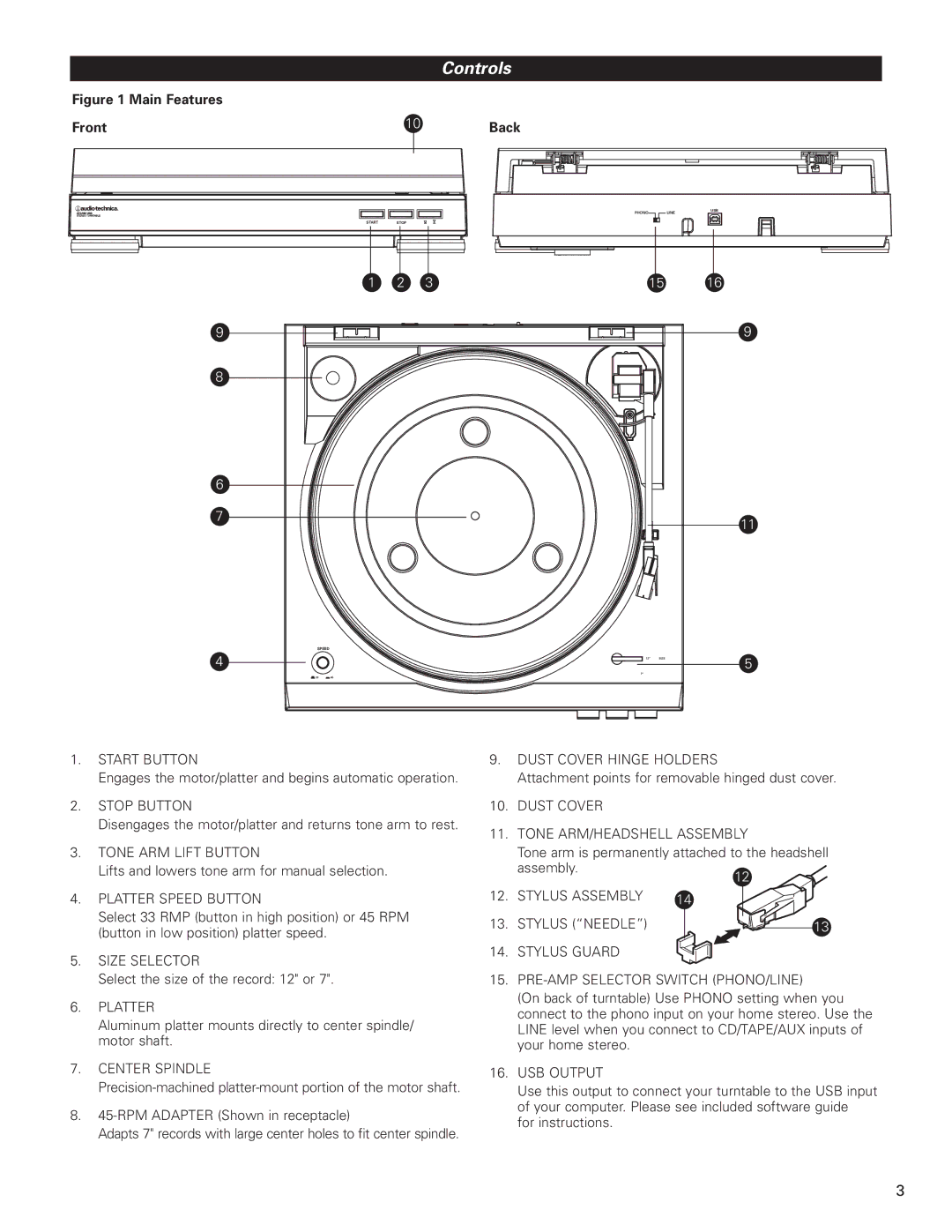 Audio-Technica AT-LP2D-USB manual Controls, Main Features Front Back 