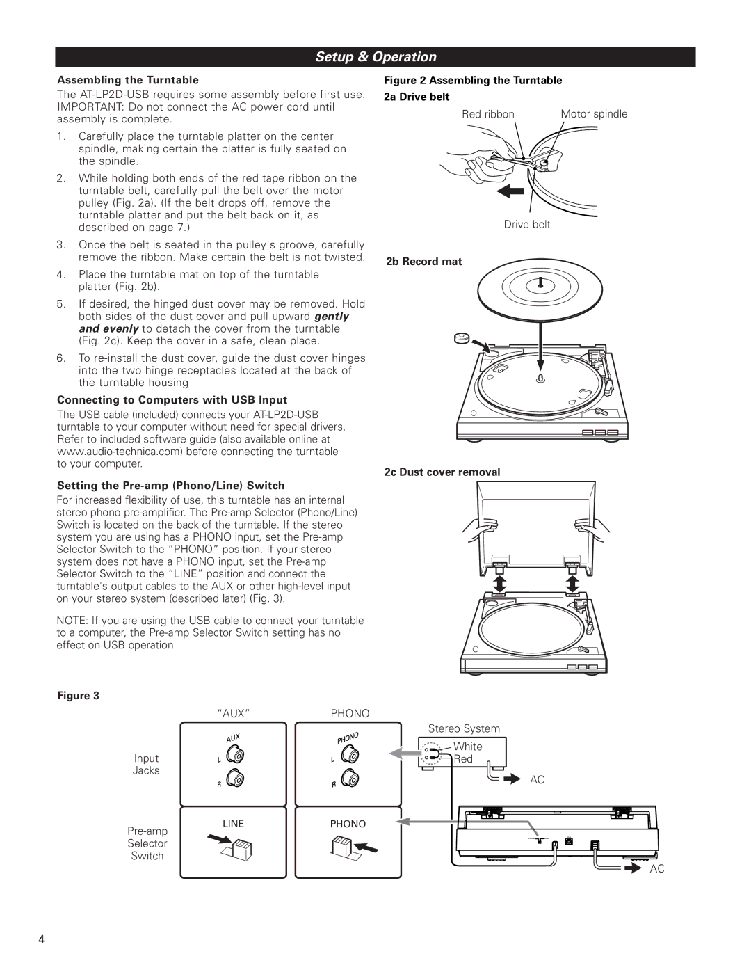 Audio-Technica AT-LP2D-USB manual Setup & Operation, Assembling the Turntable, 2b Record mat 2c Dust cover removal 