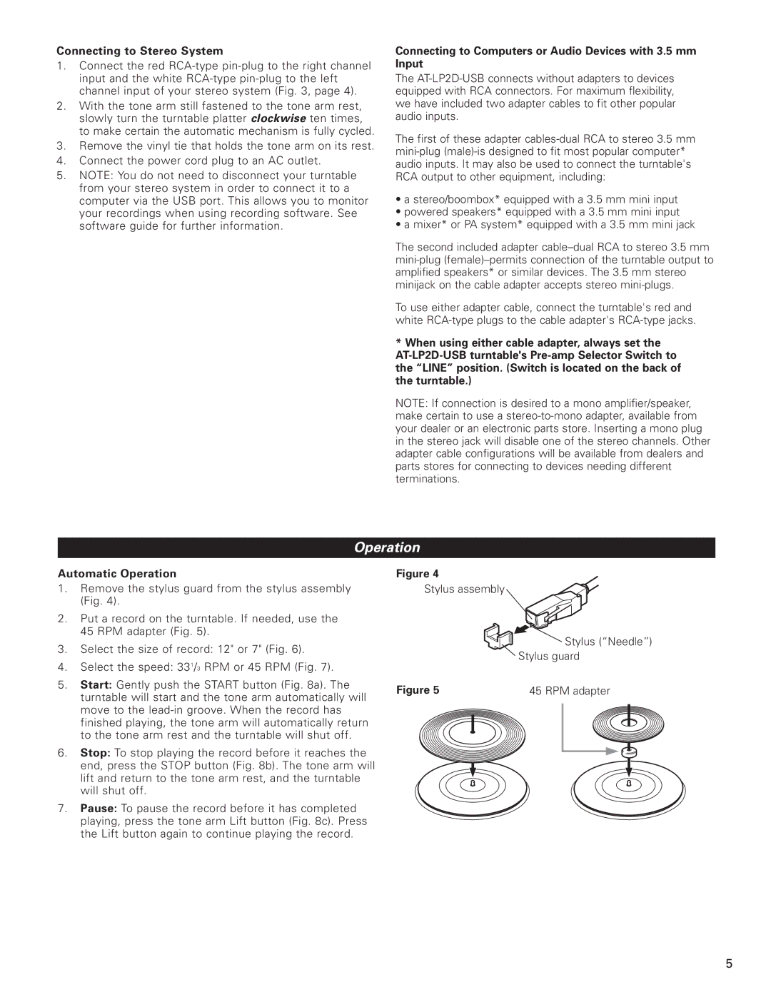 Audio-Technica AT-LP2D-USB manual Connecting to Stereo System, Automatic Operation 