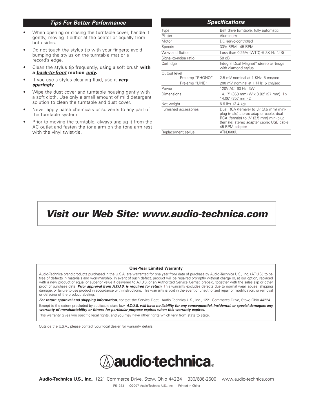 Audio-Technica AT-LP2D-USB manual Tips For Better Performance, Specifications 