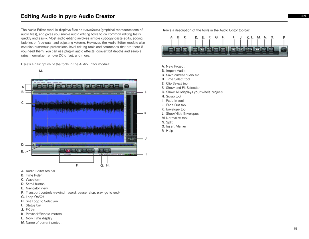 Audio-Technica AT-LP2D-USB manual Editing Audio in pyro Audio Creator, F. G. H K. L. M. N. O 