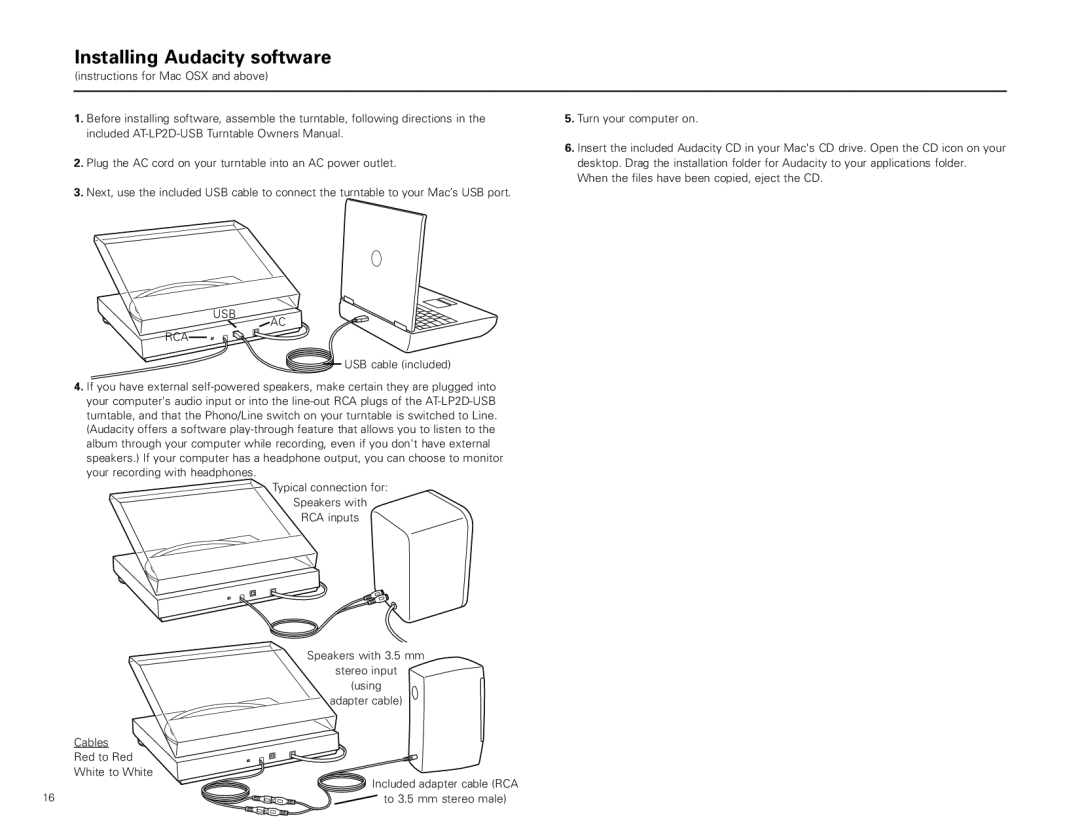 Audio-Technica AT-LP2D-USB manual Installing Audacity software, Usb Rca 