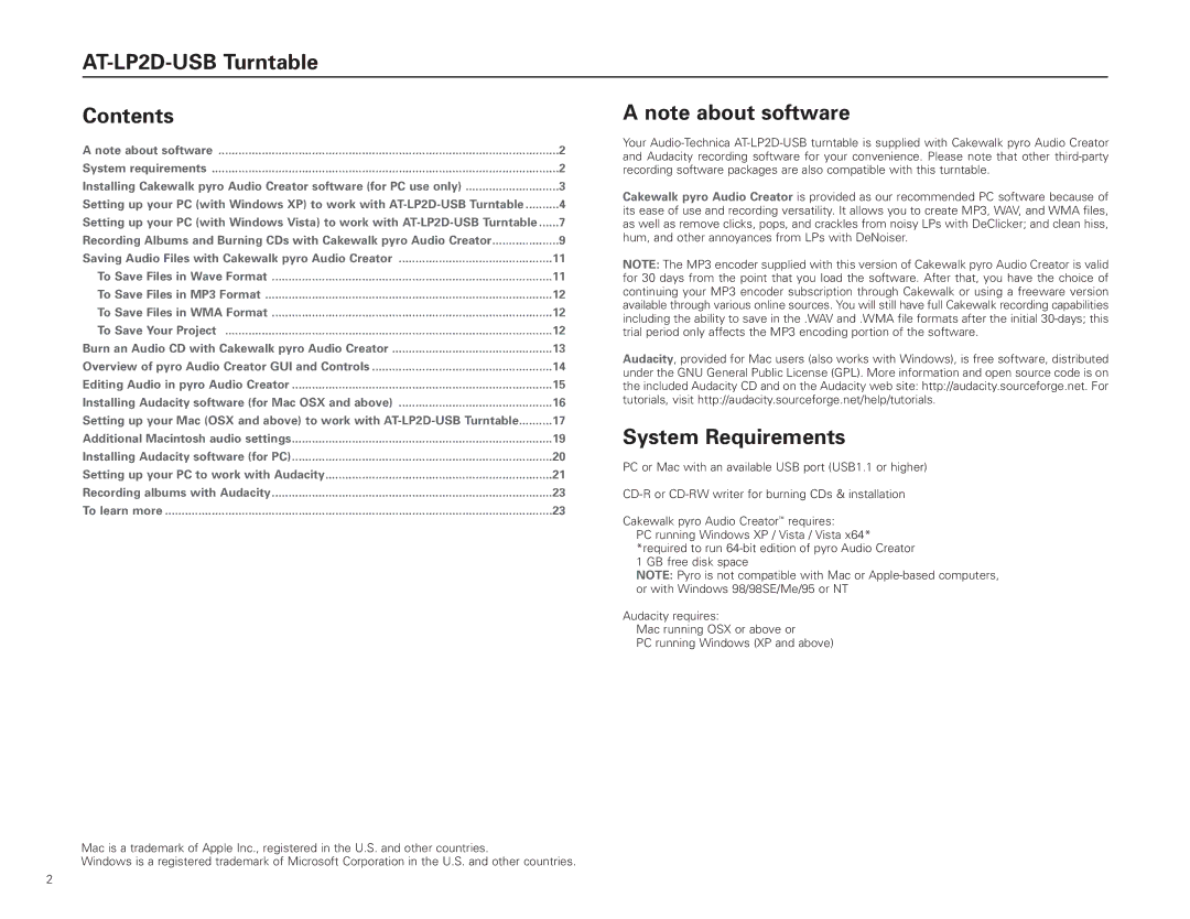 Audio-Technica AT-LP2D-USB manual Contents 