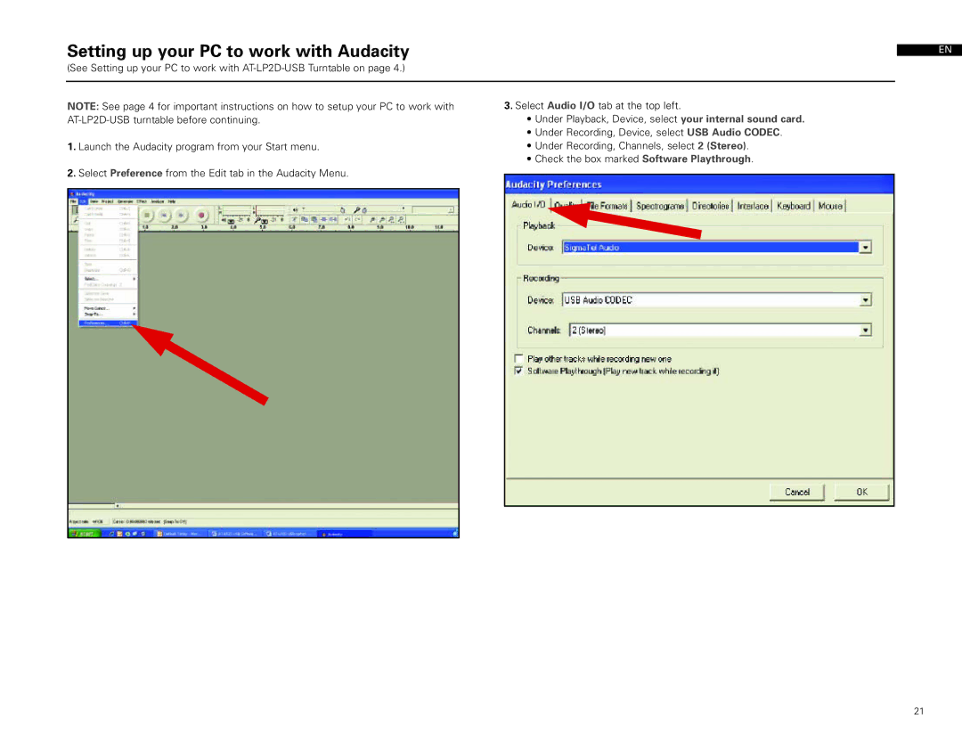 Audio-Technica AT-LP2D-USB manual Setting up your PC to work with Audacity 