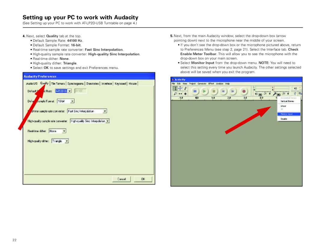 Audio-Technica AT-LP2D-USB manual Setting up your PC to work with Audacity 