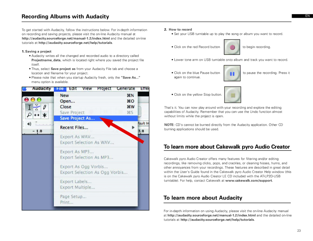 Audio-Technica AT-LP2D-USB manual Recording Albums with Audacity, Saving a project, How to record 