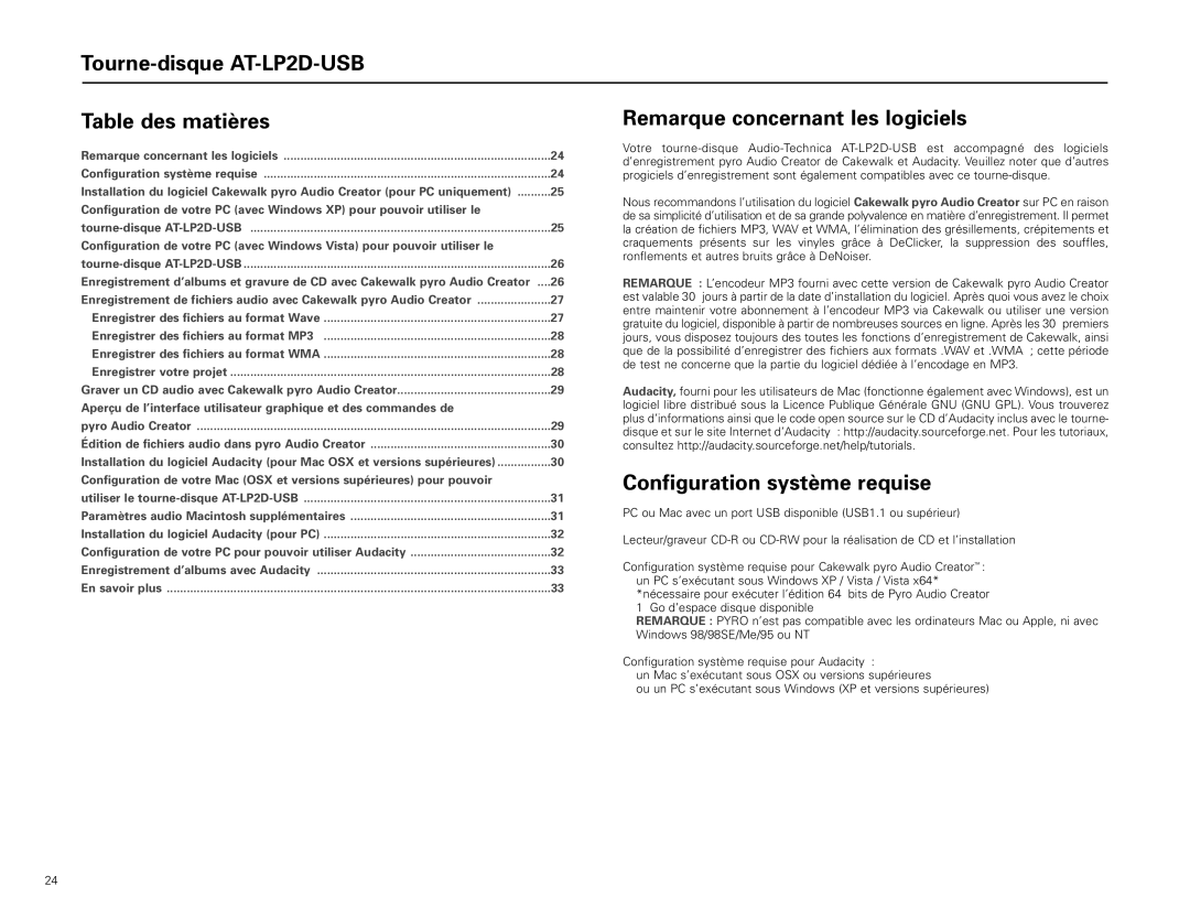 Audio-Technica manual Tourne-disque AT-LP2D-USB Table des matières, Configuration système requise 