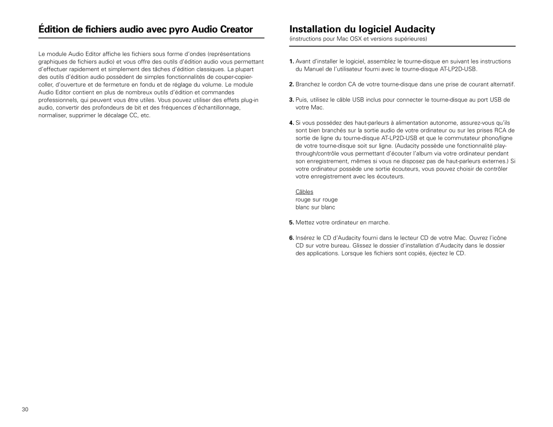 Audio-Technica AT-LP2D-USB manual Édition de fichiers audio avec pyro Audio Creator, Installation du logiciel Audacity 