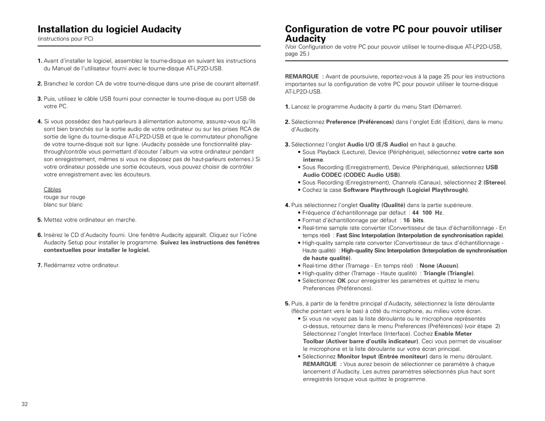 Audio-Technica AT-LP2D-USB manual Configuration de votre PC pour pouvoir utiliser Audacity 