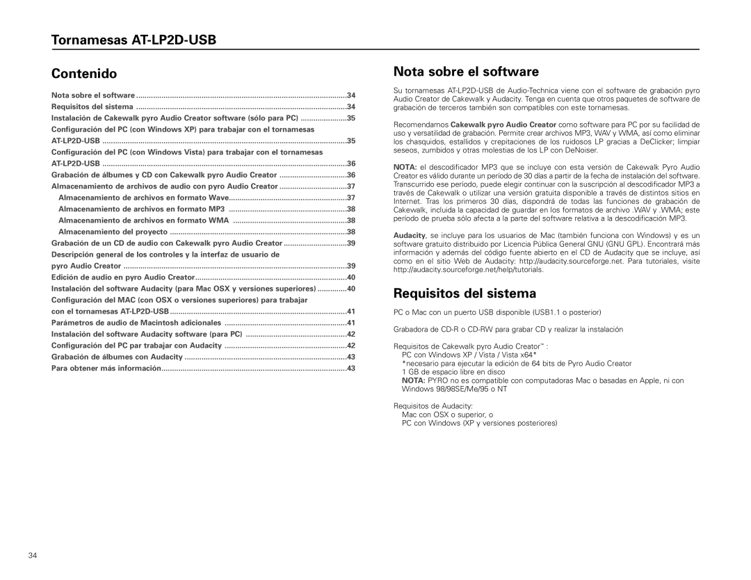 Audio-Technica manual Tornamesas AT-LP2D-USB Contenido, Requisitos del sistema 