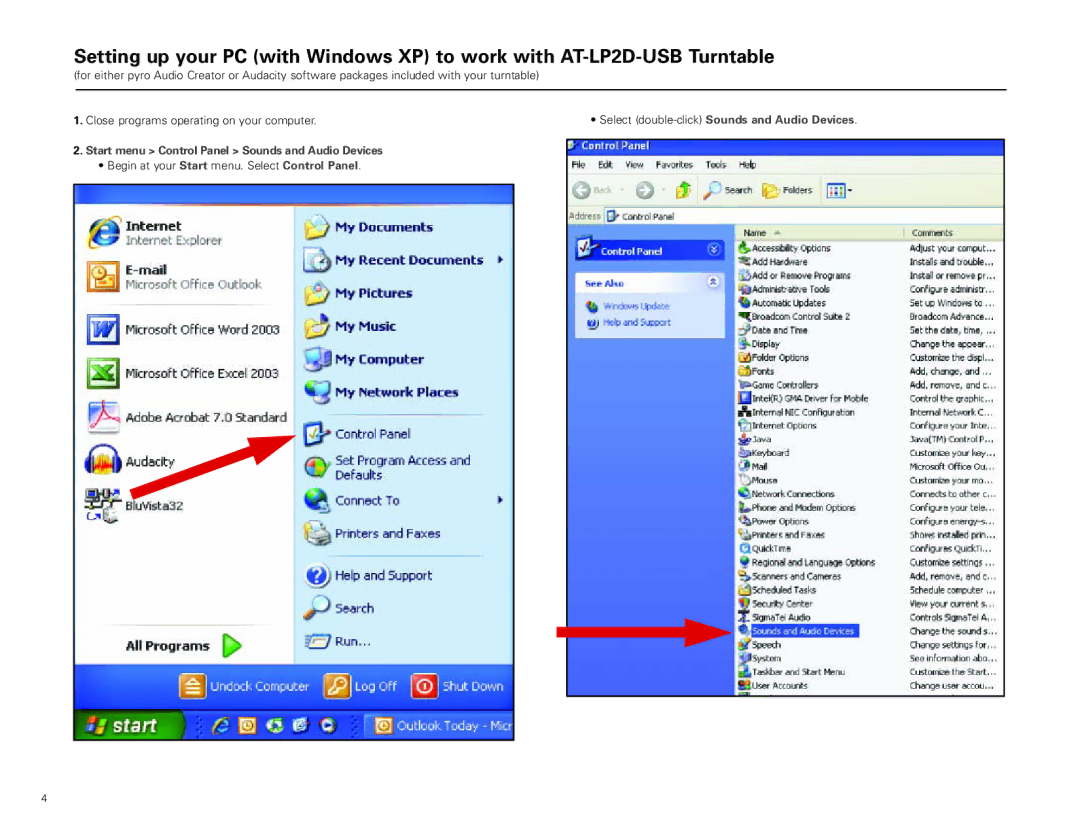 Audio-Technica AT-LP2D-USB manual Start menu Control Panel Sounds and Audio Devices 