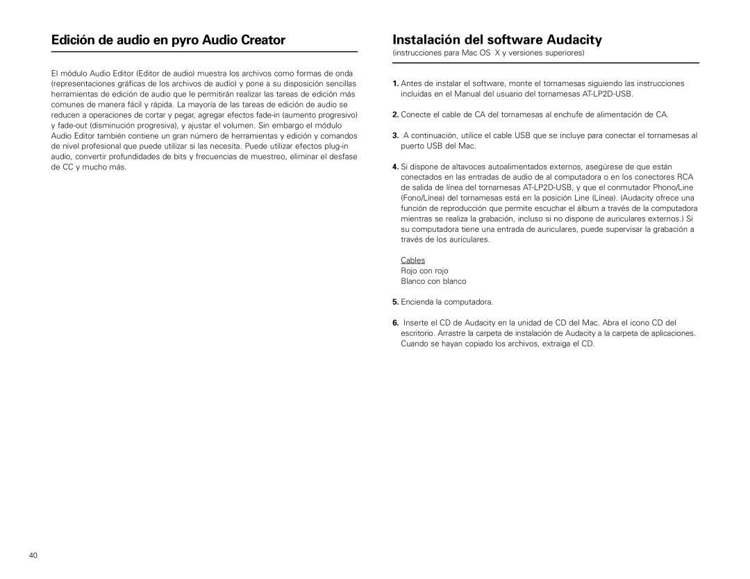 Audio-Technica AT-LP2D-USB manual Edición de audio en pyro Audio Creator, Instalación del software Audacity 