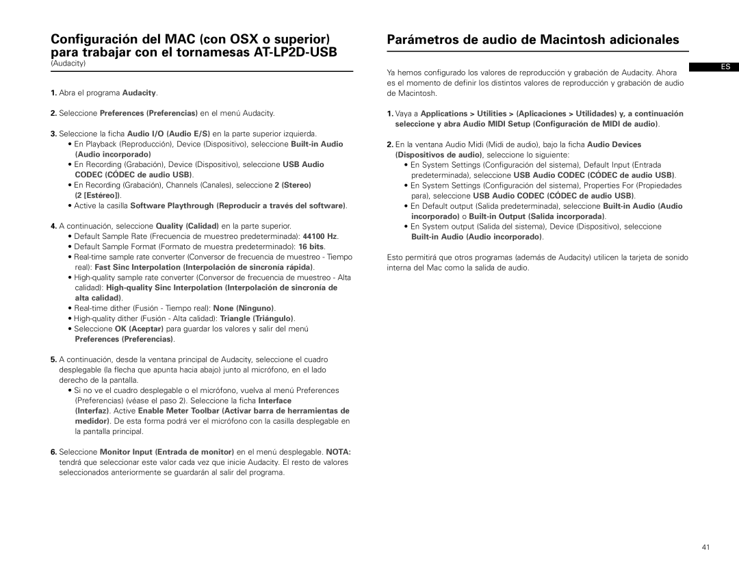 Audio-Technica AT-LP2D-USB manual Parámetros de audio de Macintosh adicionales 
