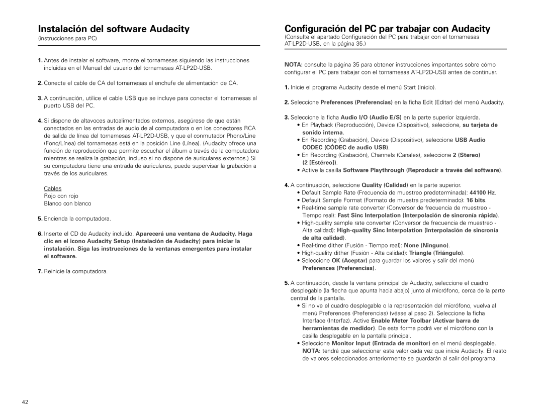 Audio-Technica AT-LP2D-USB manual Configuración del PC par trabajar con Audacity 