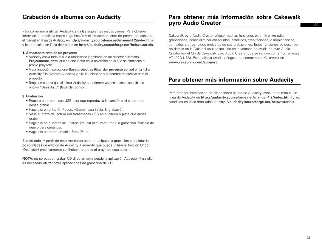 Audio-Technica AT-LP2D-USB manual Grabación de álbumes con Audacity, Almacenamiento de un proyecto 