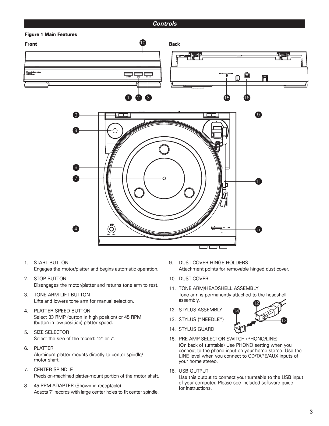 Audio-Technica AT-LP2D-USB manual Controls, Main Features, Front, Back 