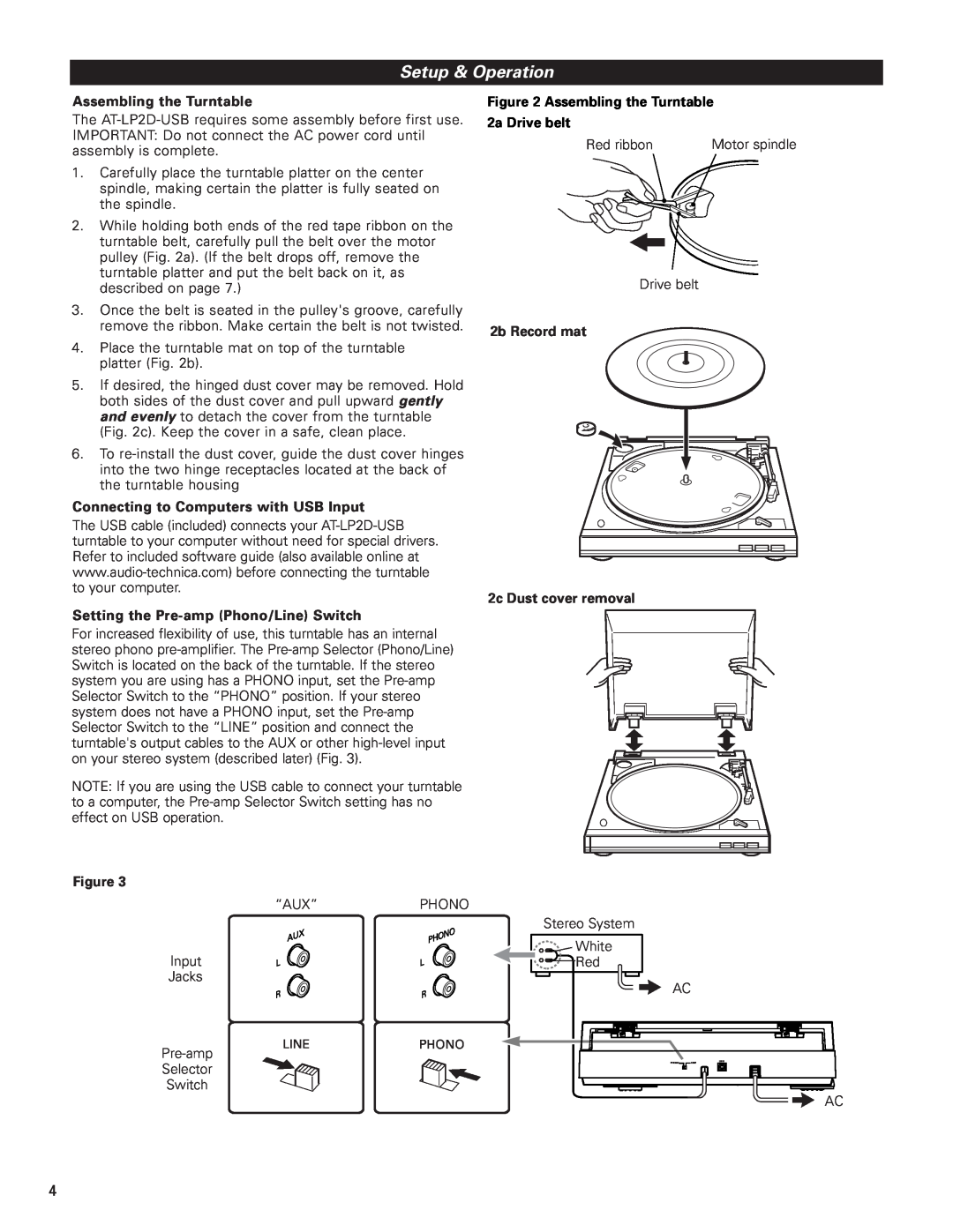Audio-Technica AT-LP2D-USB manual Setup & Operation, Assembling the Turntable, Connecting to Computers with USB Input 