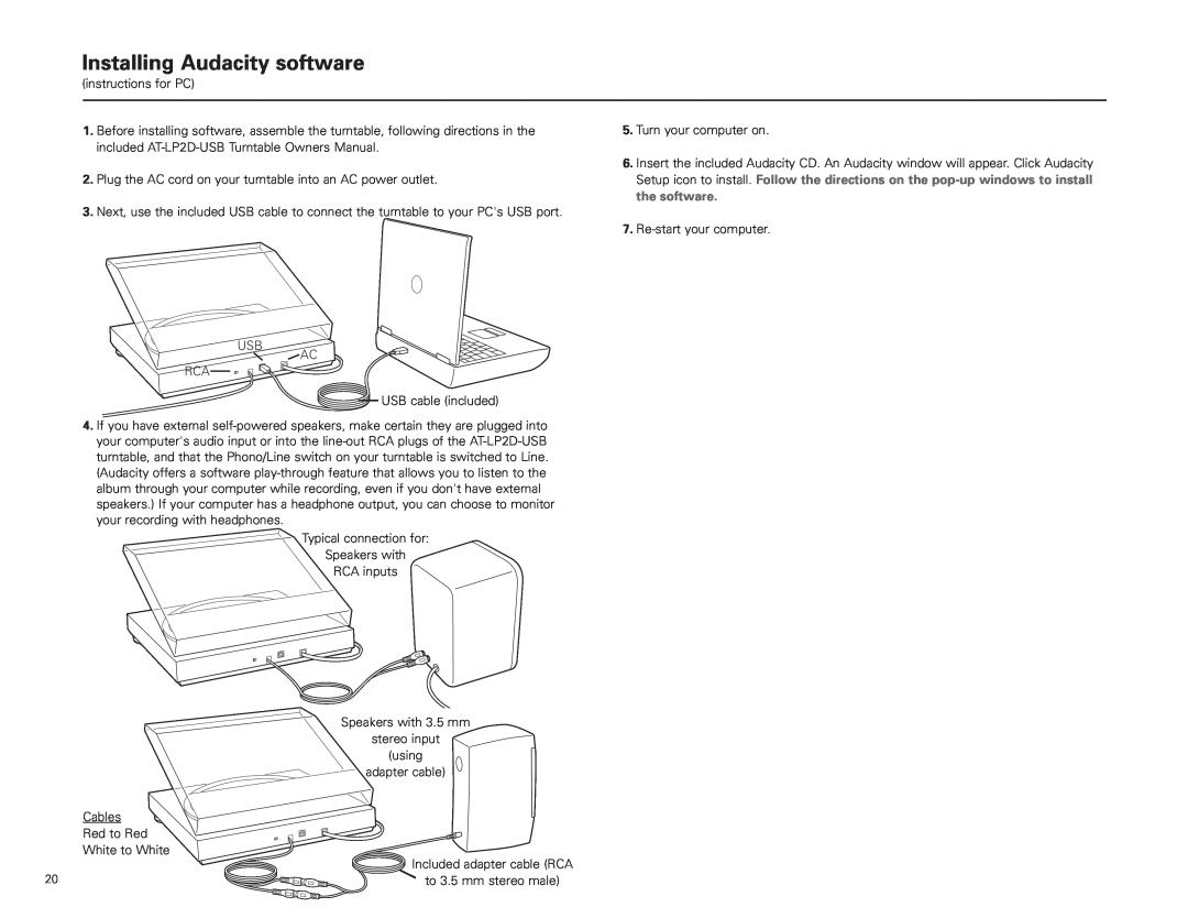 Audio-Technica AT-LP2D-USB manual Installing Audacity software, instructions for PC 