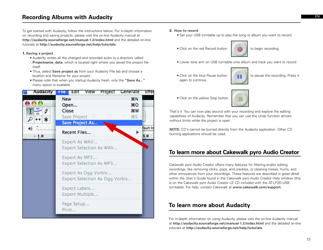 Audio-Technica AT-LP2D-USB Recording Albums with Audacity, To learn more about Cakewalk pyro Audio Creator, How to record 