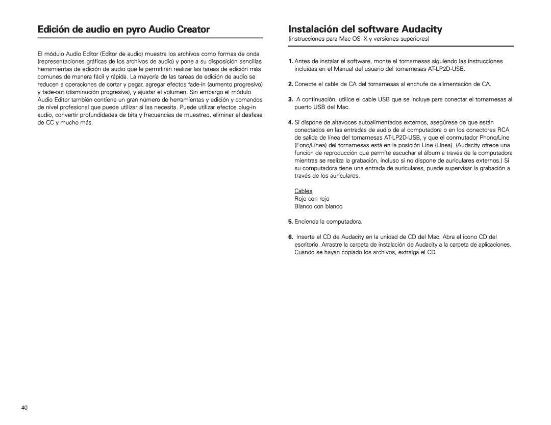 Audio-Technica AT-LP2D-USB manual Edición de audio en pyro Audio Creator, Instalación del software Audacity 