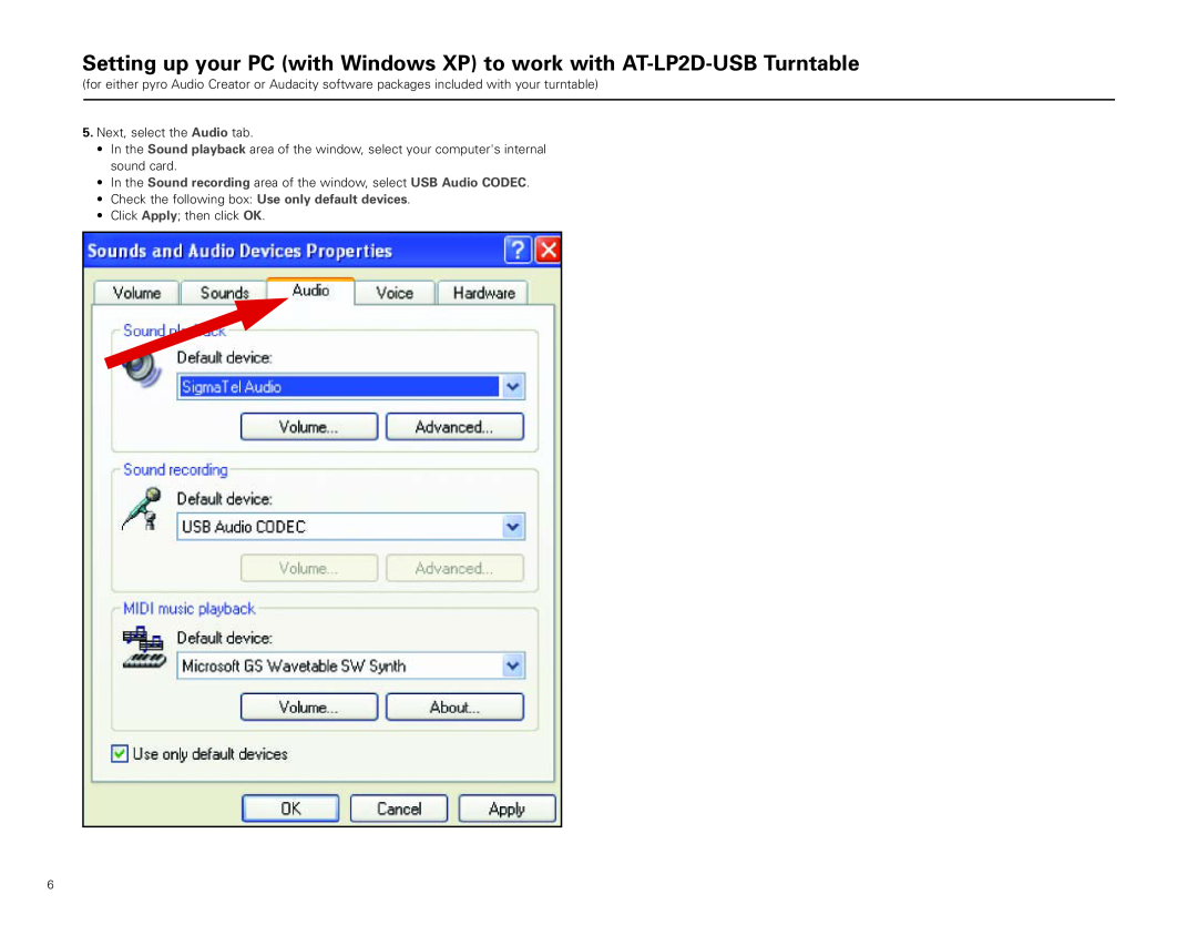 Audio-Technica AT-LP2D-USB manual Next, select the Audio tab 