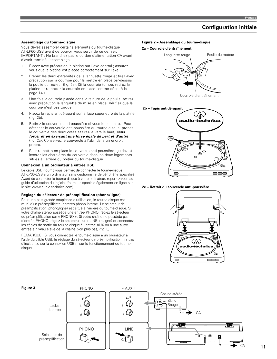 Audio-Technica AT-LP60-USB manual Configuration initiale, Assemblage du tourne-disque, Phono 