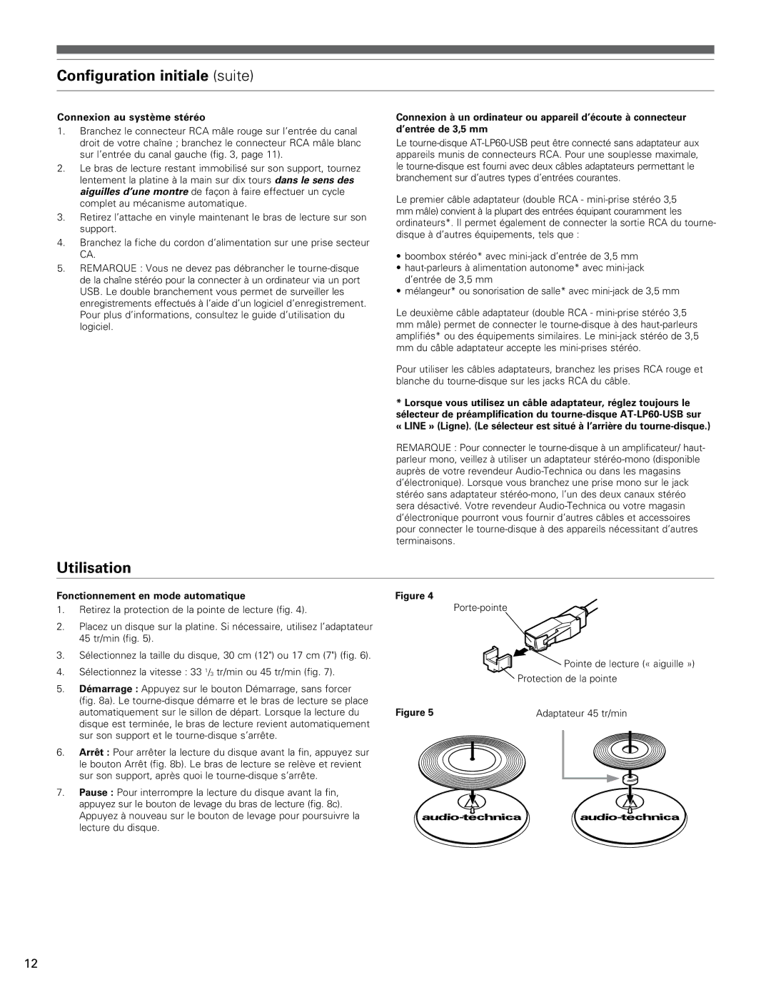 Audio-Technica AT-LP60-USB manual Configuration initiale suite, Utilisation, Connexion au système stéréo 