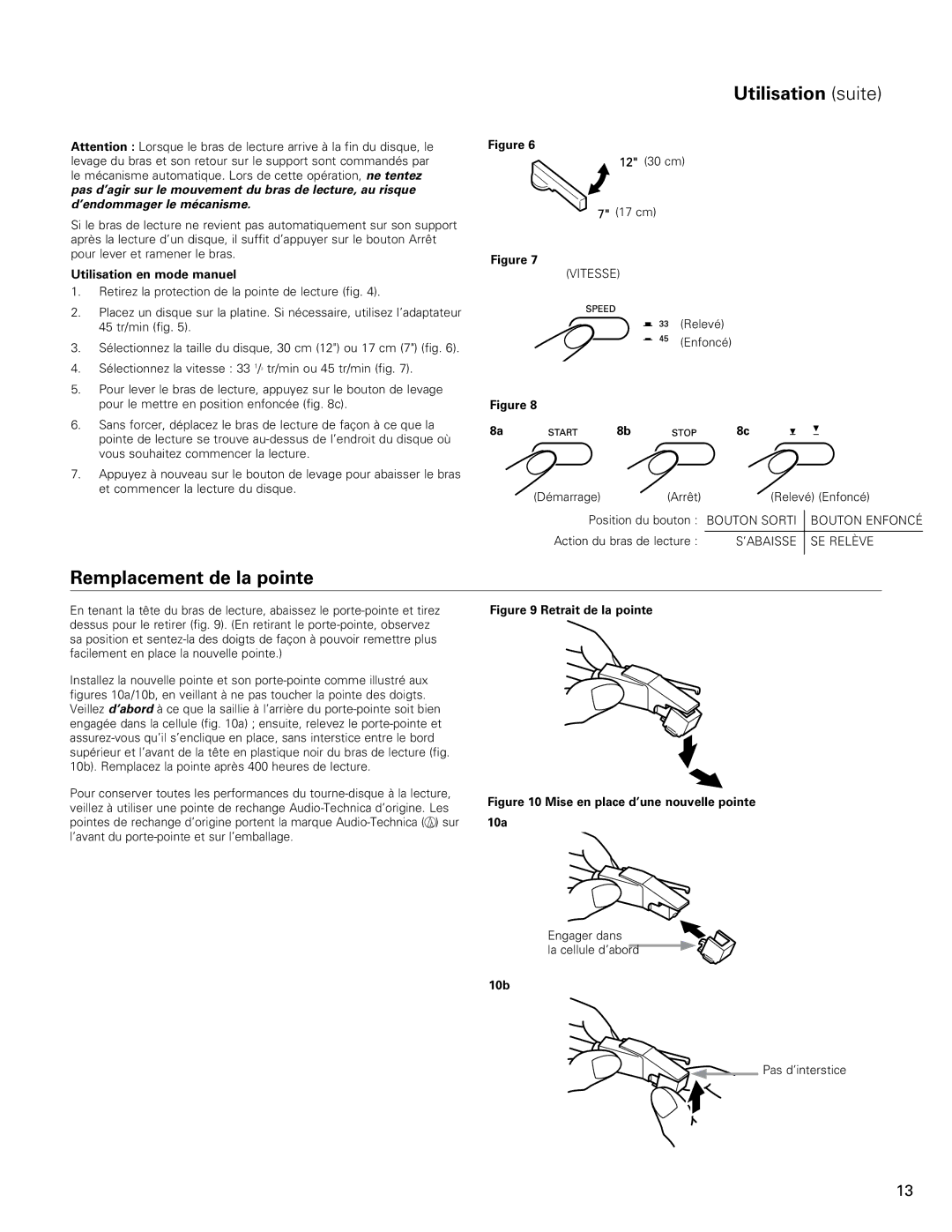 Audio-Technica AT-LP60-USB manual Utilisation suite, Remplacement de la pointe, Utilisation en mode manuel 