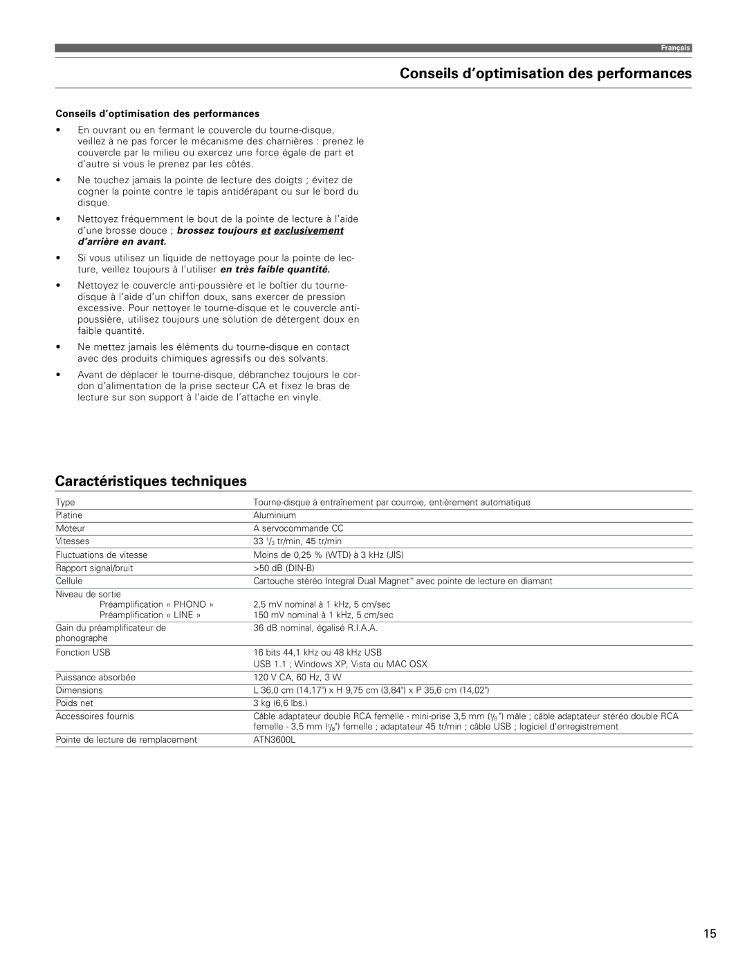 Audio-Technica AT-LP60-USB manual Conseils d’optimisation des performances, Caractéristiques techniques 