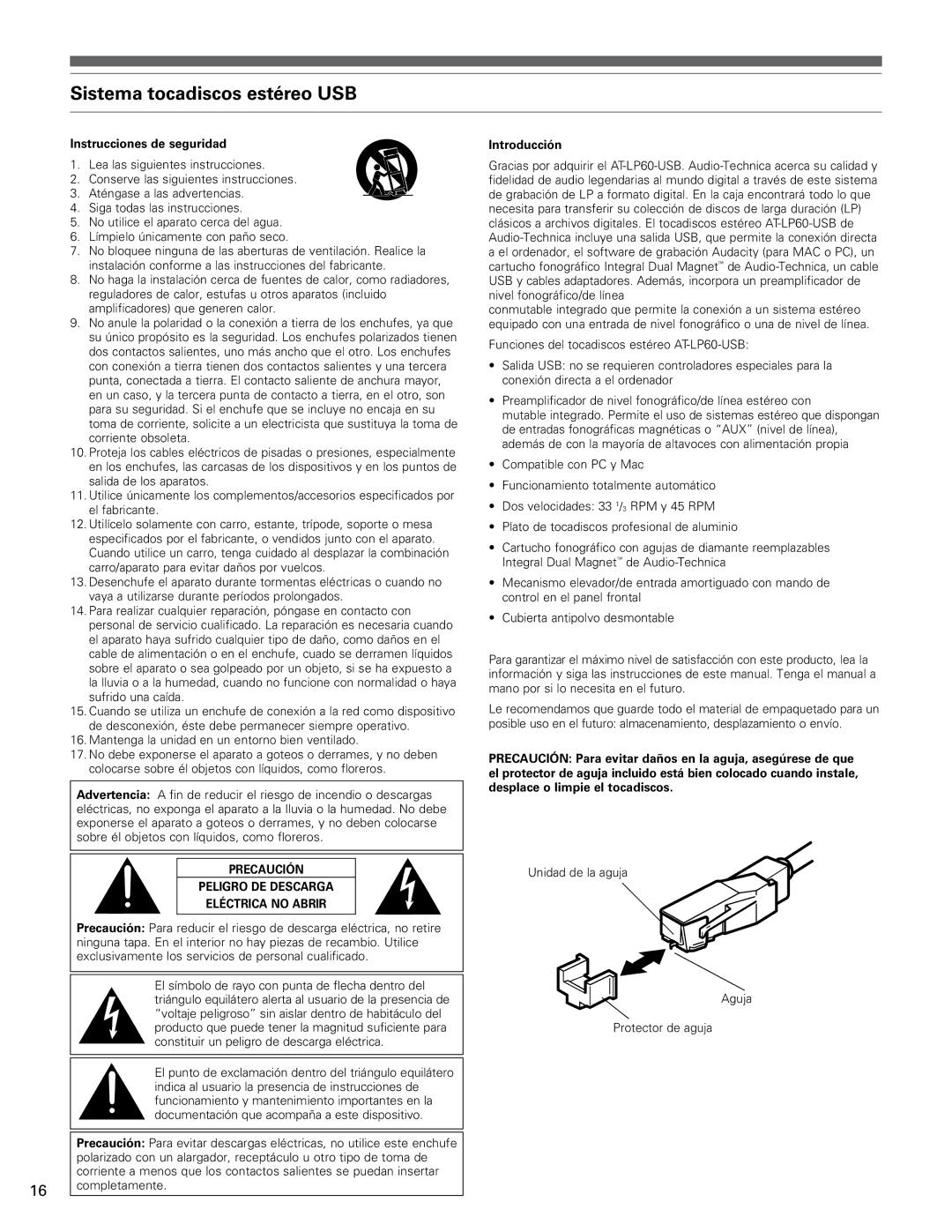 Audio-Technica AT-LP60-USB manual Sistema tocadiscos estéreo USB, Instrucciones de seguridad, Introducción 