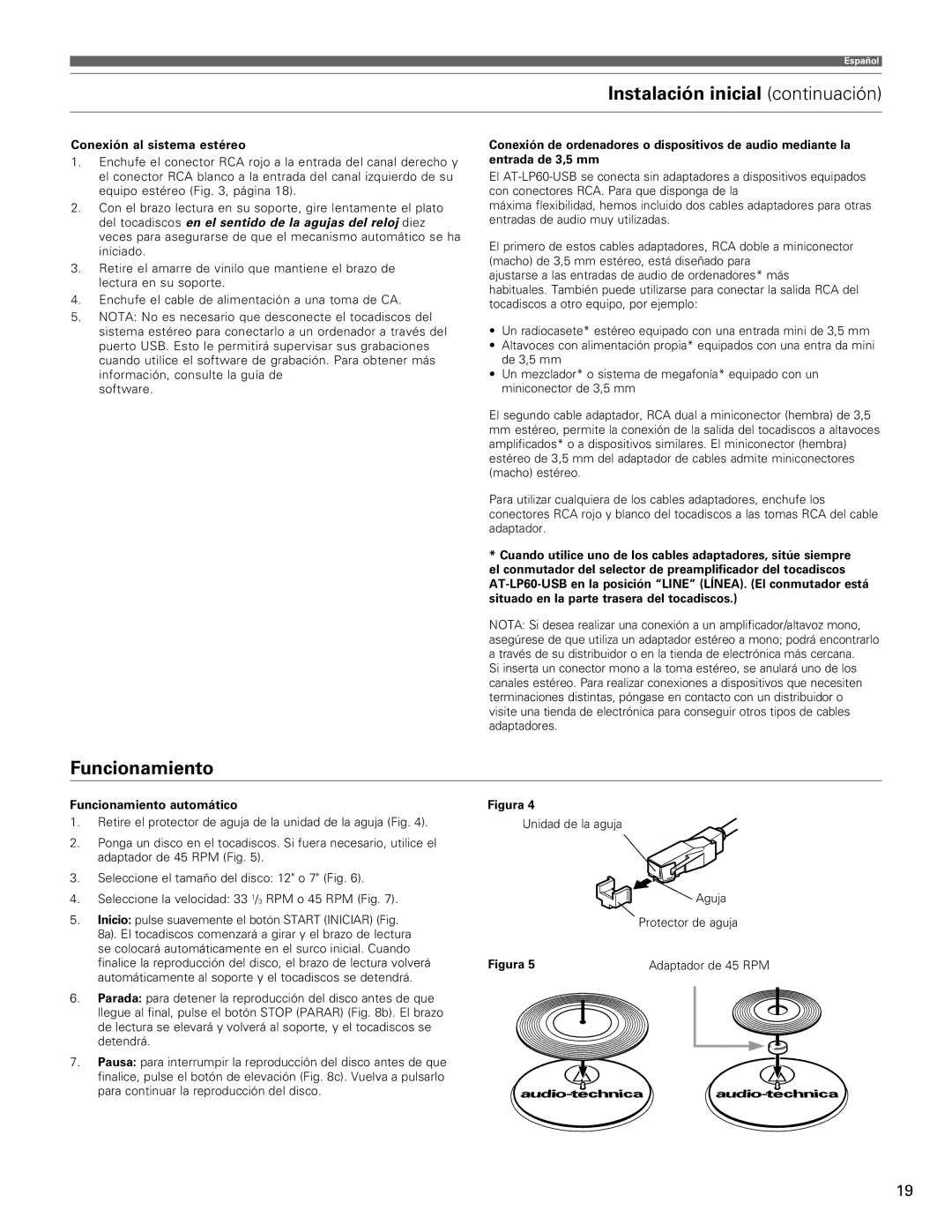 Audio-Technica AT-LP60-USB manual Instalación inicial continuación, Funcionamiento, Conexión al sistema estéreo 