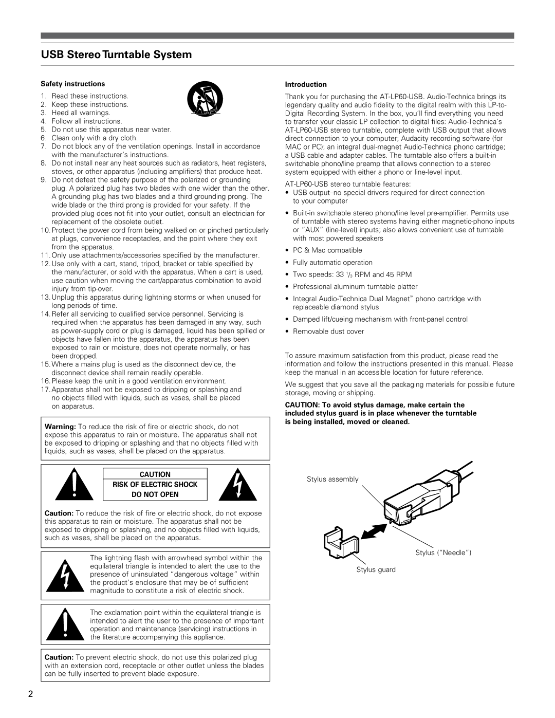 Audio-Technica AT-LP60-USB manual USB Stereo Turntable System, Safety instructions, Introduction 