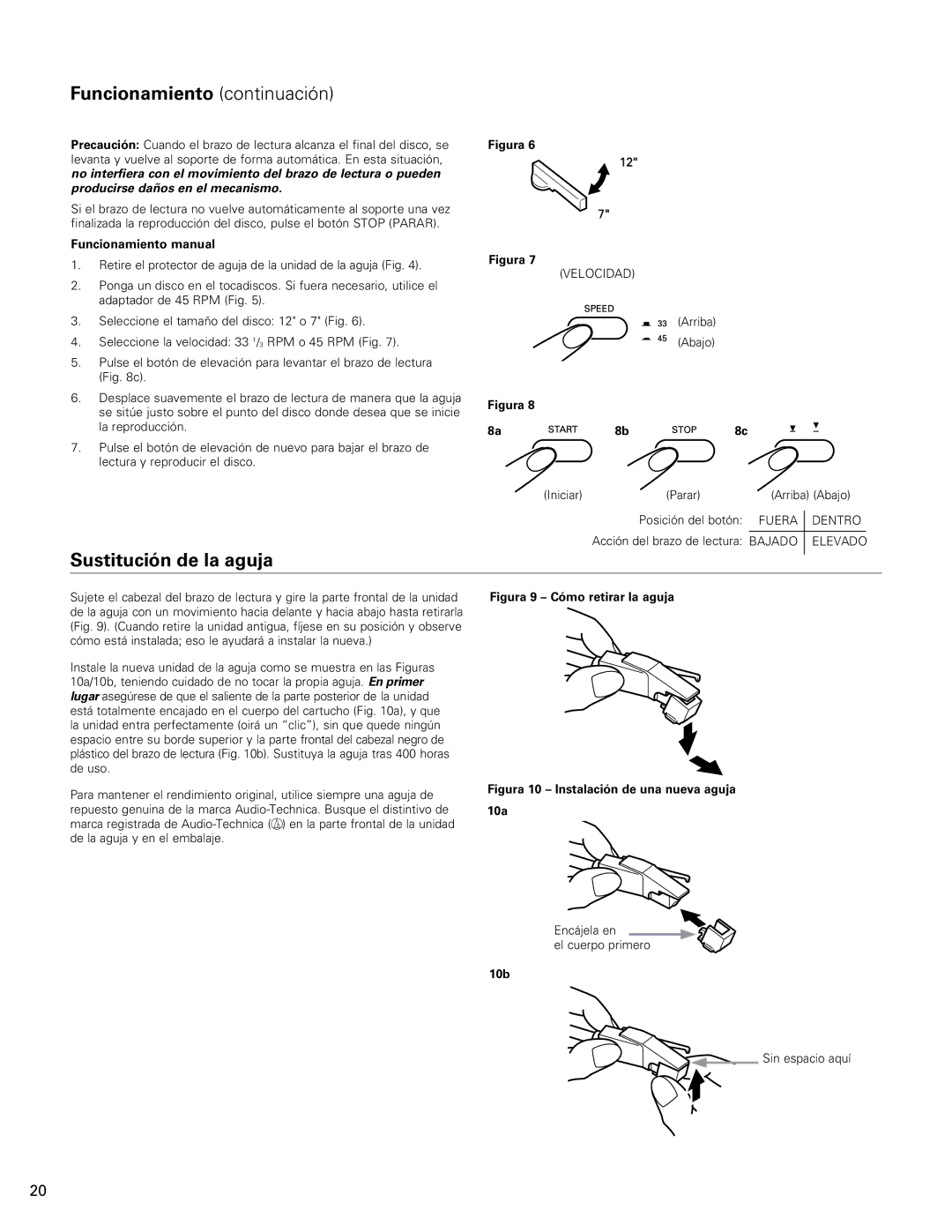 Audio-Technica AT-LP60-USB Funcionamiento continuación, Sustitución de la aguja, Funcionamiento manual, Velocidad 