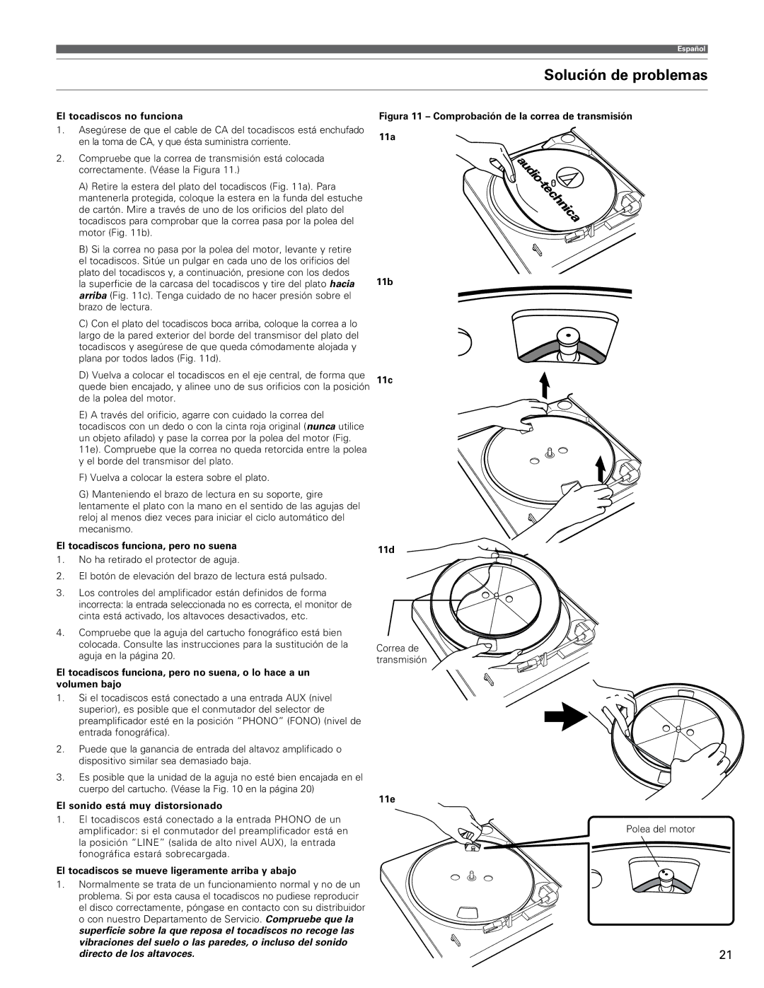 Audio-Technica AT-LP60-USB manual Solución de problemas, El tocadiscos no funciona, El tocadiscos funciona, pero no suena 