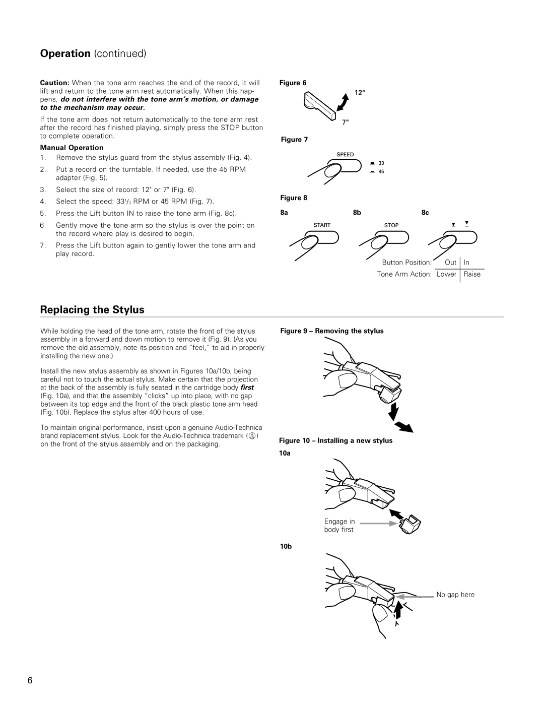 Audio-Technica AT-LP60-USB manual Replacing the Stylus, Manual Operation, 10b 