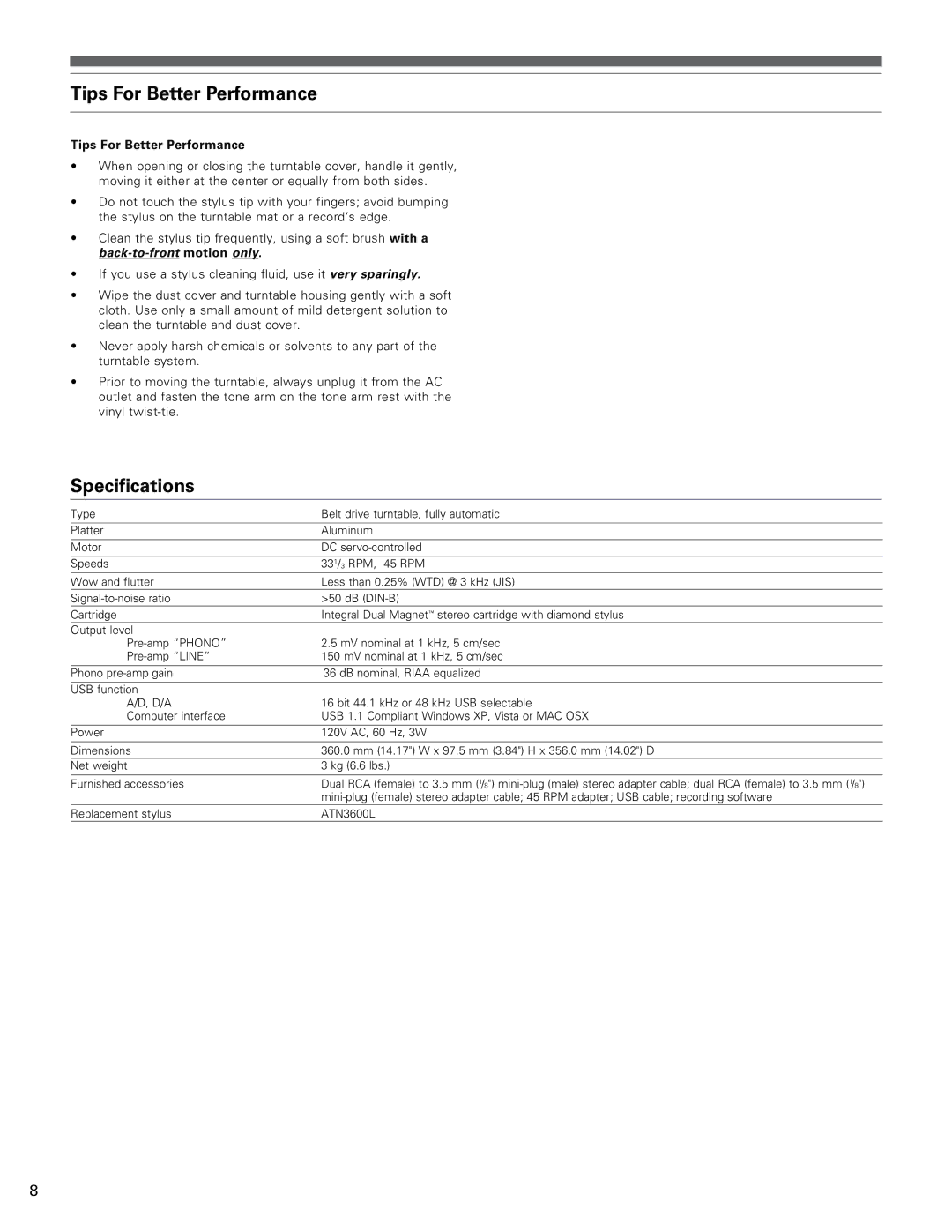 Audio-Technica AT-LP60-USB manual Tips For Better Performance, Specifications 