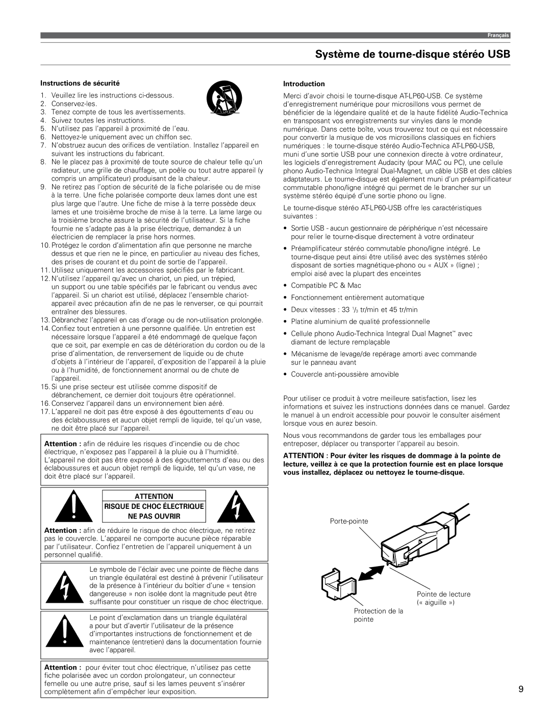 Audio-Technica AT-LP60-USB manual Système de tourne-disque stéréo USB, Instructions de sécurité 