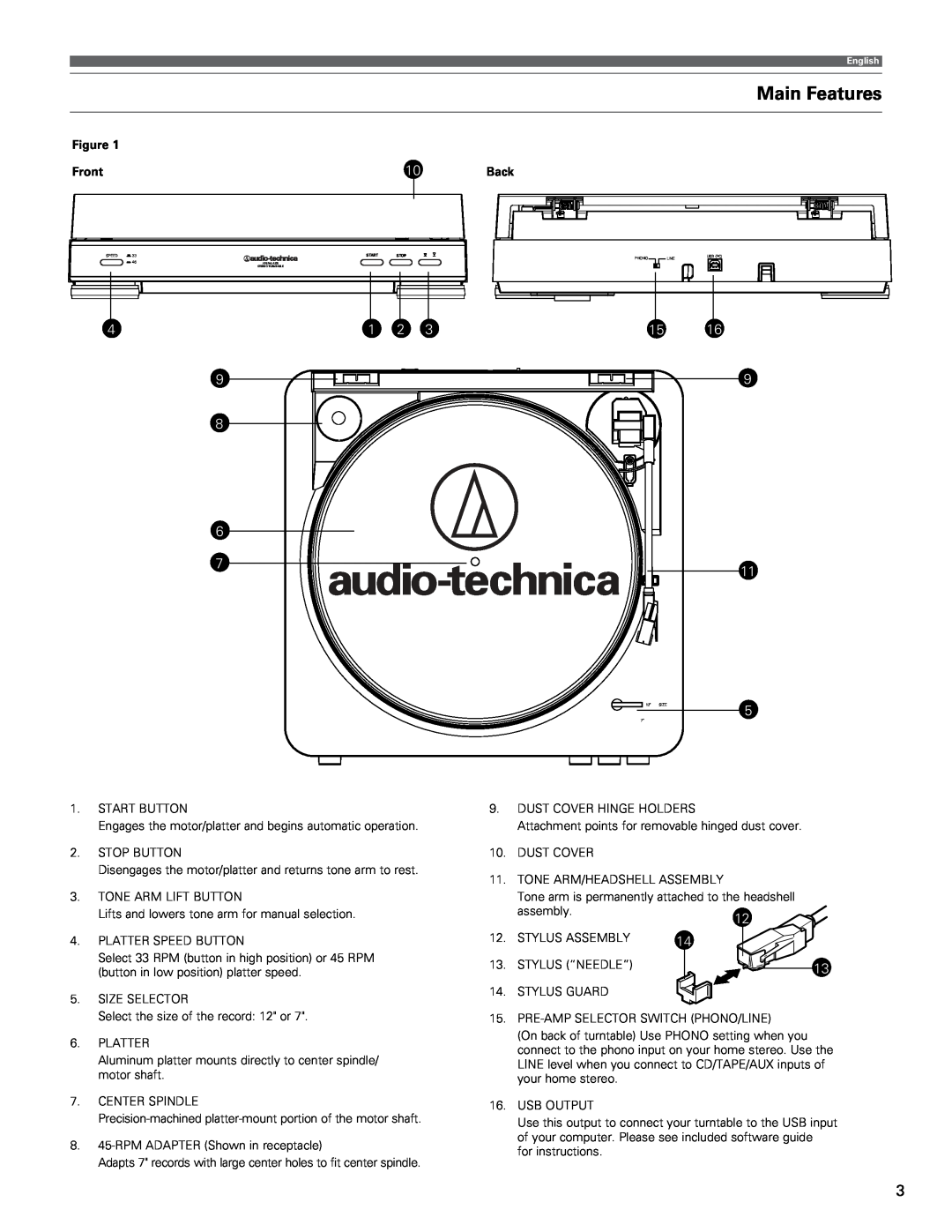 Audio-Technica AT-LP60-USB manual Main Features, Front 