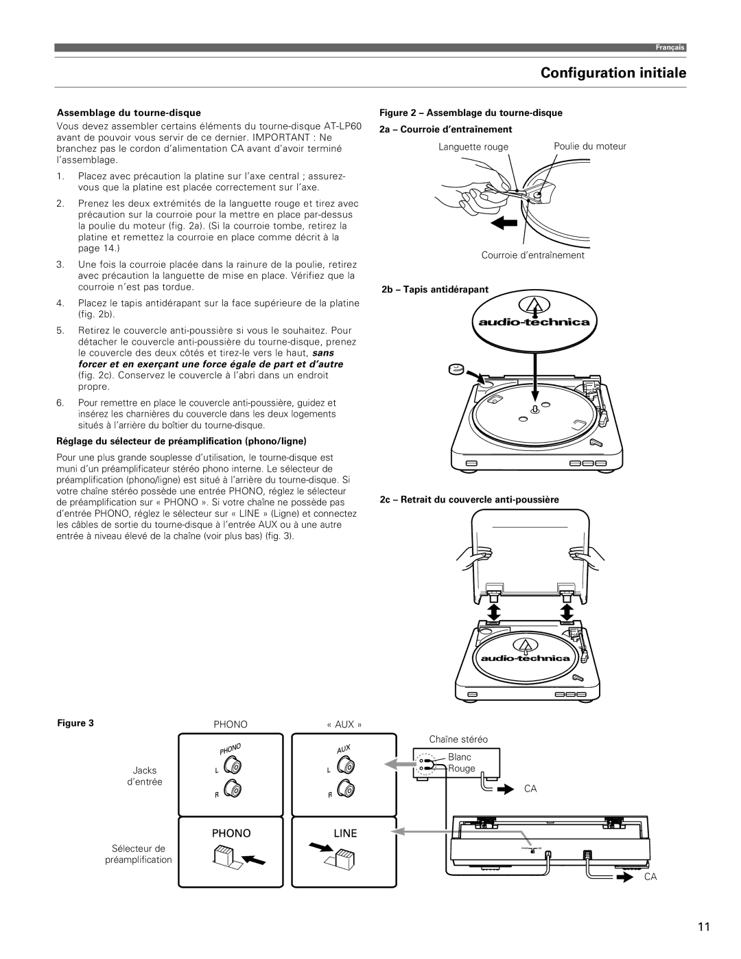 Audio-Technica AT-LP60 manual Configuration initiale, Assemblage du tourne-disque 