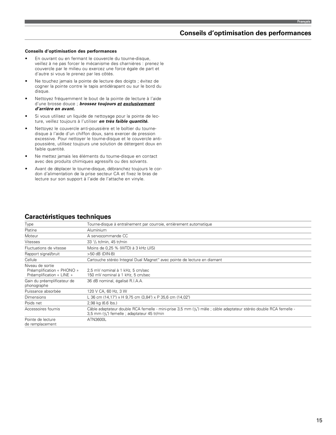 Audio-Technica AT-LP60 manual Conseils d’optimisation des performances, Caractéristiques techniques 