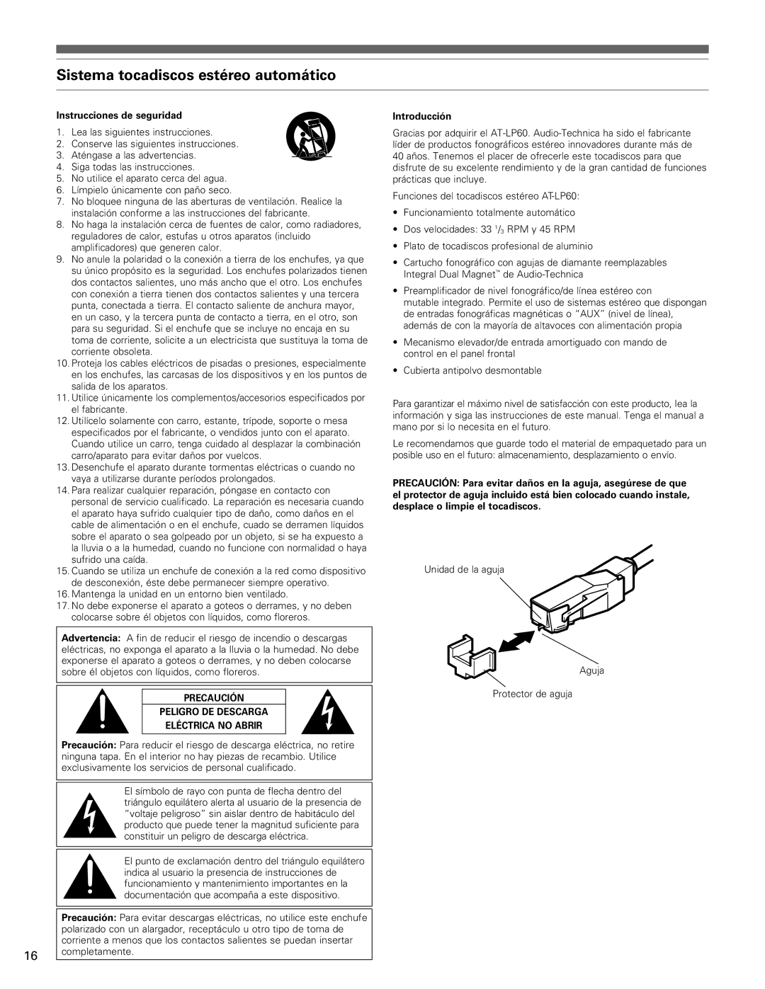 Audio-Technica AT-LP60 manual Sistema tocadiscos estéreo automático, Instrucciones de seguridad, Introducción 