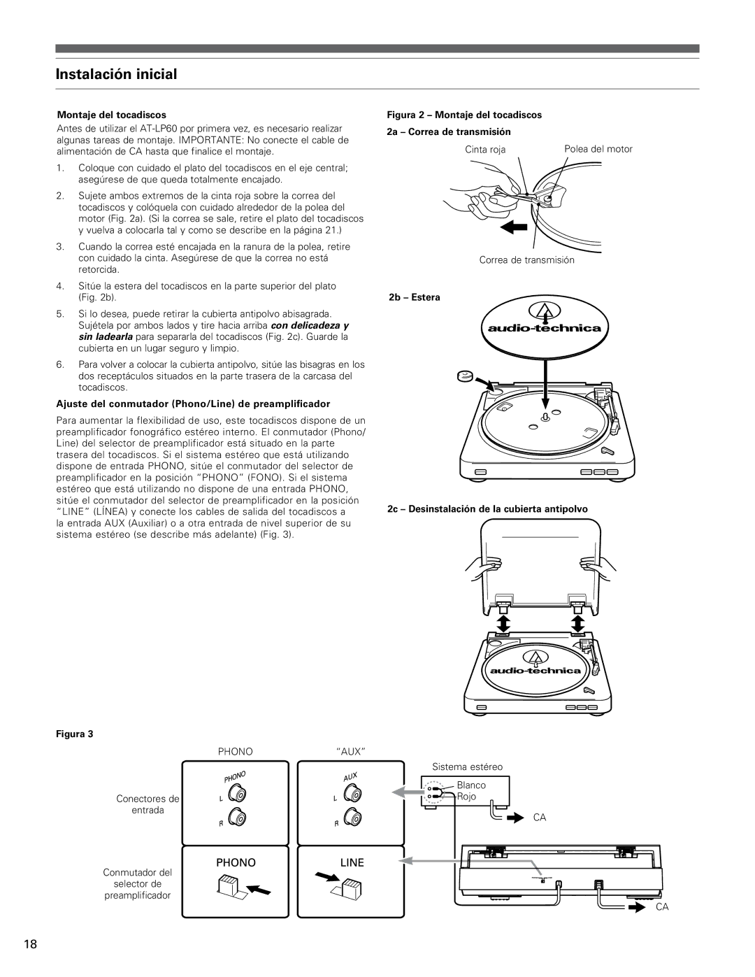 Audio-Technica AT-LP60 Instalación inicial, Montaje del tocadiscos, Ajuste del conmutador Phono/Line de preamplificador 