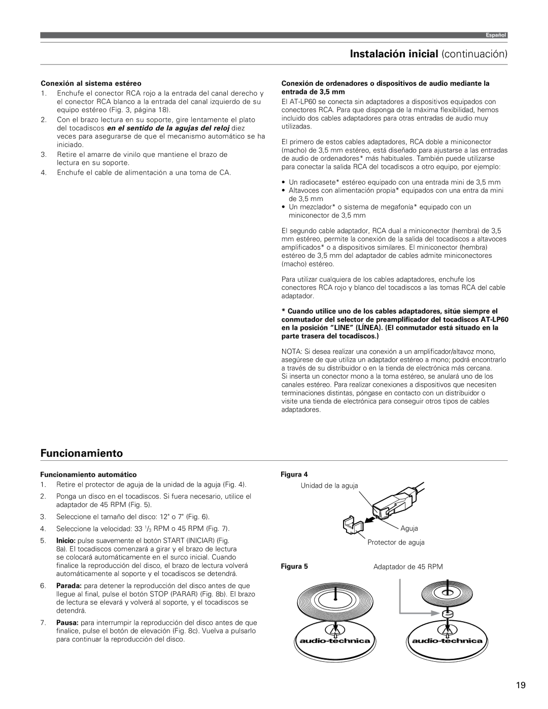 Audio-Technica AT-LP60 manual Instalación inicial continuación, Funcionamiento, Conexión al sistema estéreo 