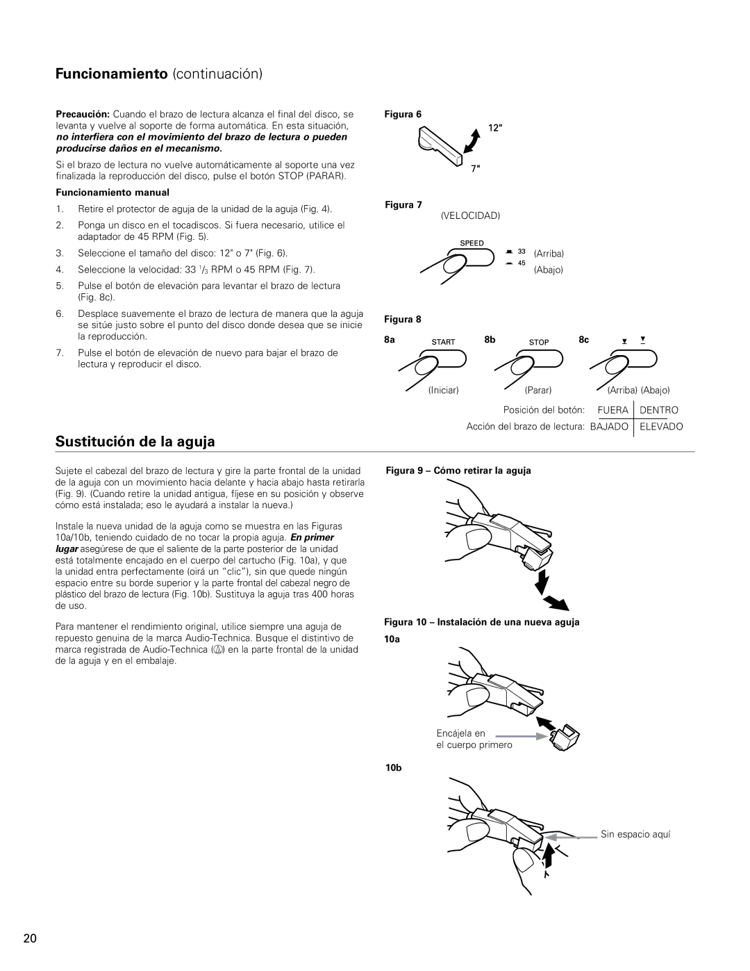 Audio-Technica AT-LP60 Funcionamiento continuación, Sustitución de la aguja, Funcionamiento manual 