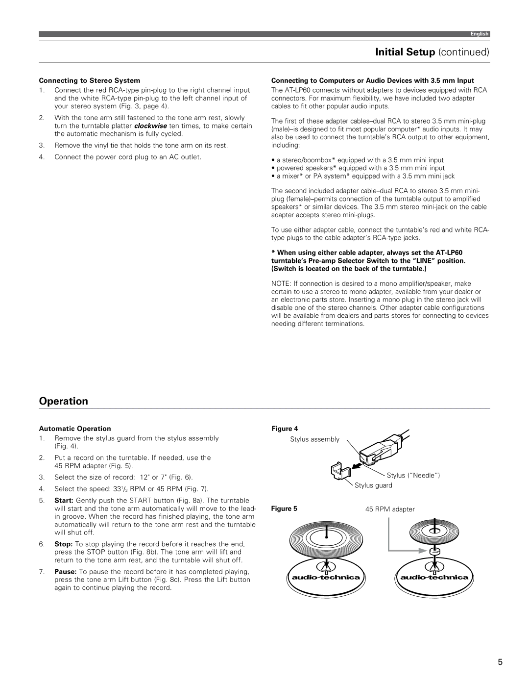 Audio-Technica AT-LP60 Operation, Connecting to Stereo System, Connecting to Computers or Audio Devices with 3.5 mm Input 