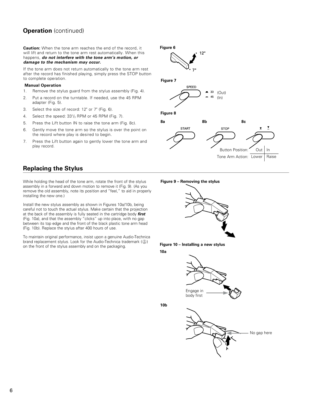 Audio-Technica AT-LP60 manual Replacing the Stylus, Manual Operation, Out, 10b 