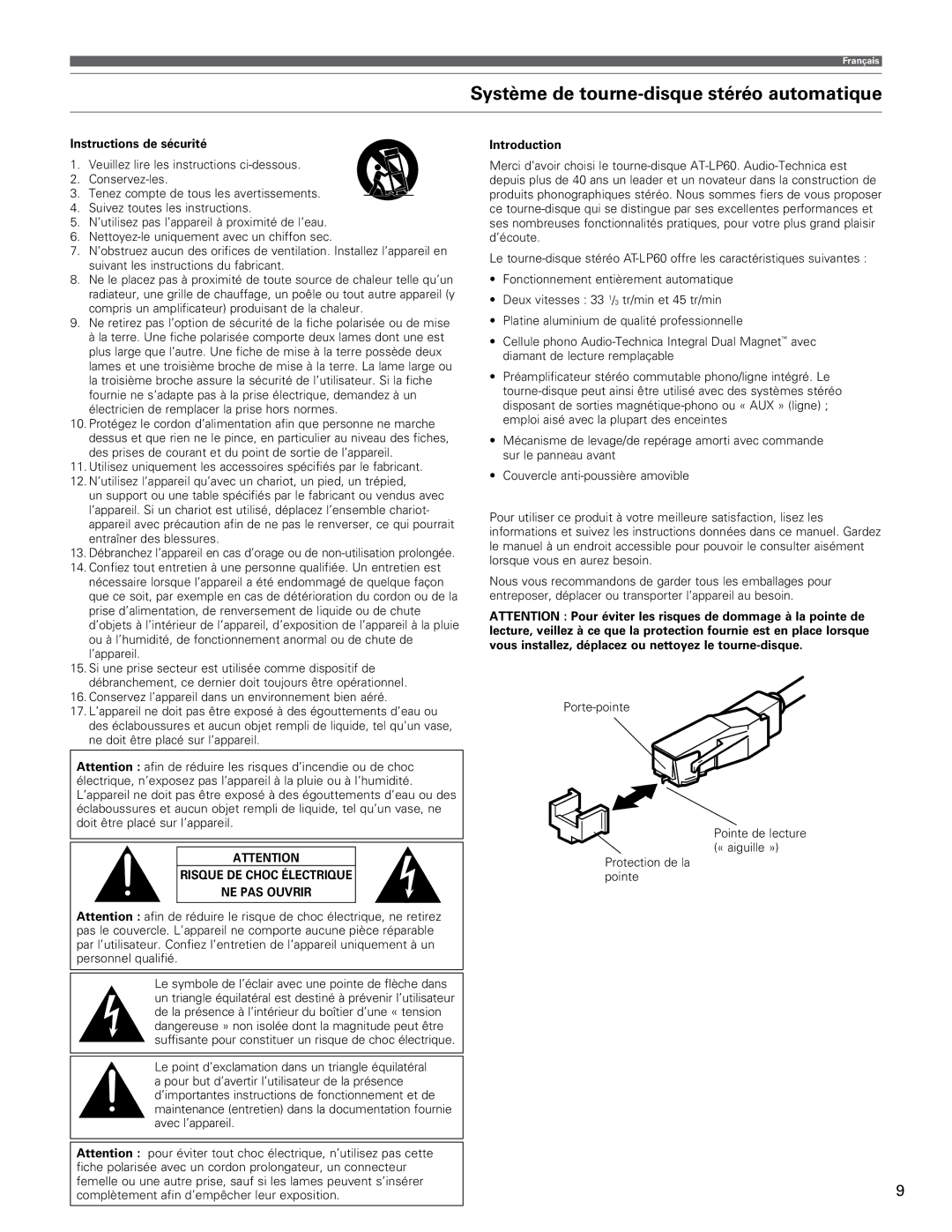 Audio-Technica AT-LP60 manual Système de tourne-disque stéréo automatique, Instructions de sécurité 