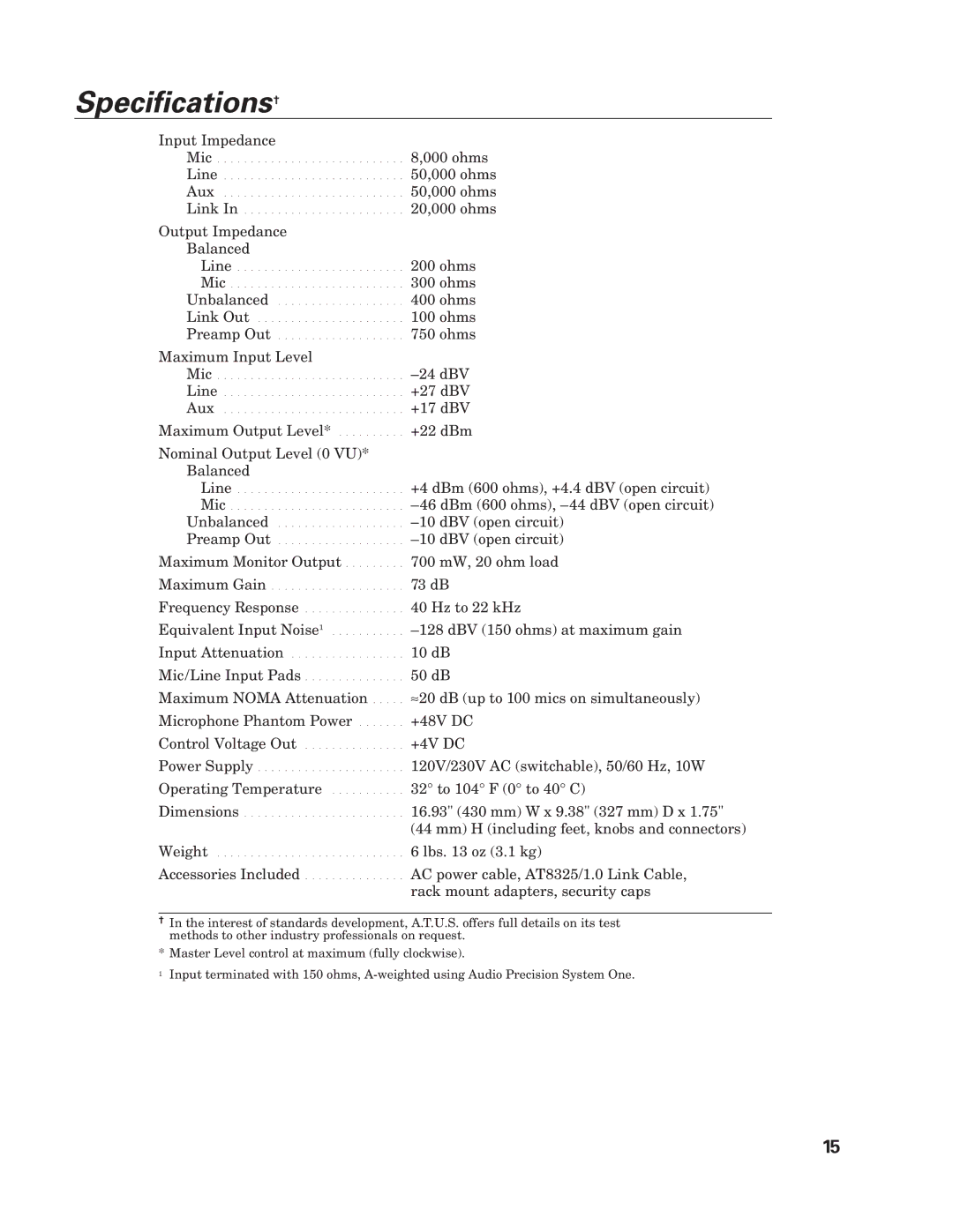 Audio-Technica AT-MX351 manual Specifications† 