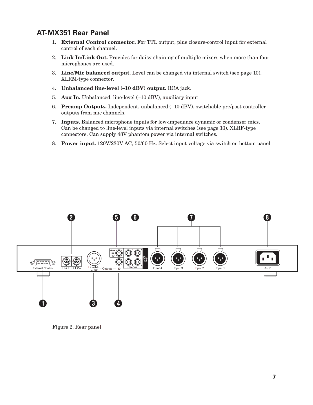 Audio-Technica manual AT-MX351 Rear Panel, Unbalanced line-level -10 dBV output. RCA jack 