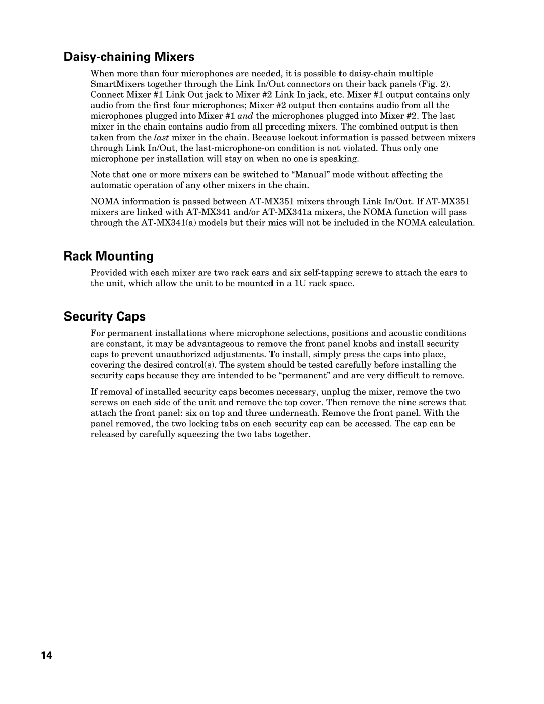 Audio-Technica AT-MX351 manual Daisy-chaining Mixers, Rack Mounting, Security Caps 
